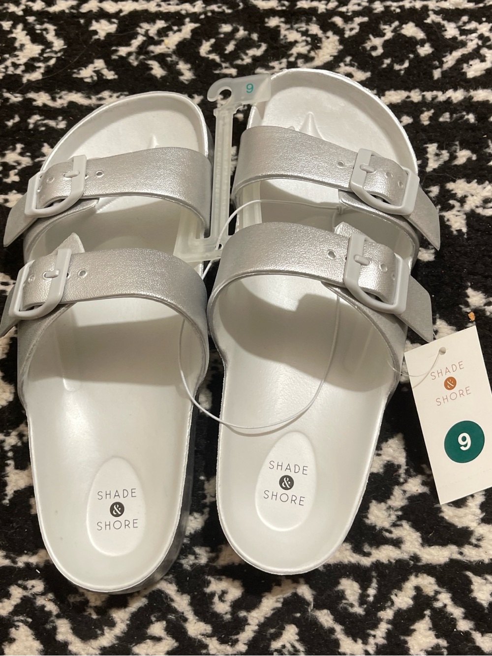 Shade & Shore Metallic Silver Double-Strap Slide Sandals